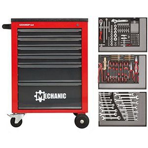 GEDORE Werkplaatswagen MECHANIC, gevuld, 6 laden, 129 onderdelen, rood/zwart, h x b x d = 910 x 628 x 418 mm
