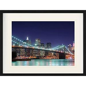 1art1 New York Poster Night Panorama Of Brooklyn Bridge Ingelijste Foto Met Passepartout | Muur Foto's | In Een Fotolijstje 80x60 cm