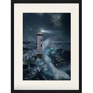 1art1 Vuurtorens Poster Lighthouse In The Storm By Moonlight Ingelijste Foto Met Passepartout | Muur Foto's | In Een Fotolijstje 80x60 cm