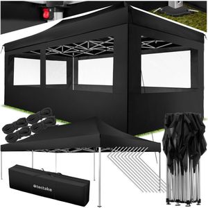 tectake® Vouwpaviljoen - Opvouwbaar en waterdicht - Tuinpaviljoen met 4 zijpanelen - Incl. haringen, scheerlijnen en tas - Terrasoverkapping, partytent - 6x3m - Zwart