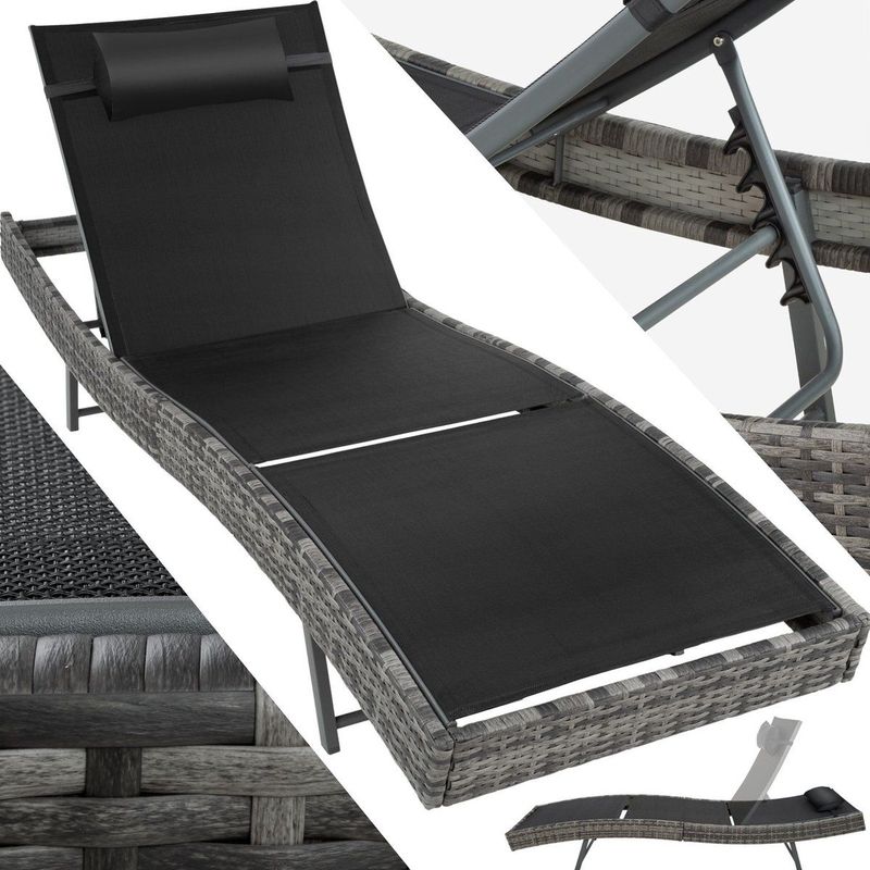 tectake® Rattan Sonnenliege, widerstandsfähig und UV-beständig, 5-fach verstellbare Rückenlehne, 211 x 69 x 28-94 cm