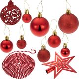 tectake® Weihnachtskugeln, 86-er Set in Rot, inklusive Perlenkette und Stern, matt, glänzend und glitzernd, Durchmesser 3, 4 und 6 cm