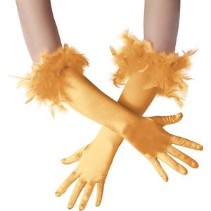 dressforfun - Lange satijnen handschoenen met veren goud - verkleedkleding kostuum halloween verkleden feestkleding carnavalskleding carnaval feestkledij partykleding - 304591