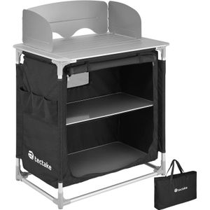 tectake® - Campingkeuken met 2 vakken - Opvouwbare campingkast, reiskeuken - Keukenkast met werkblad en opbergvakken - Buitenkeuken, voortent, caravan - Incl. draagtas - 76x53,5x107cm - zwart