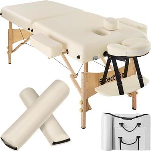 tectake® Opvouwbare Massagetafel - 2 Zones - Inklapbare Behandeltafel van Hout - Massagebank met 7,5 cm Vulling - Mobiele Massage Tafel - Hoofd- en Armleuning - 2 Massagegrollen en Draagtas - Beige