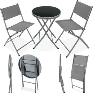 tectake® - bistroset, tafel en 2 x stoelen, kleine ronde eettafel, klaptafel en klapstoelenset, ruimtebesparend meubilair buiten weerbestendig voor balkon, terras, tuinmeubelen - grijs
