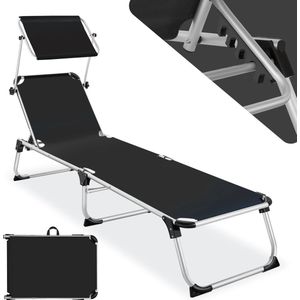 TecTake 800812 aluminium zonneligstoel met dak, inklapbaar, tuinligstoel met 6-voudig verstelbare rugleuning en 2 handgrepen, 205 cm ligvlak, zwart