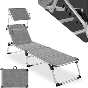tectake® - Ligstoel ligbed zonnebed - aluminium - incl. hoofdkussen en verstelbaar zonnescherm - grijs gemeleerd