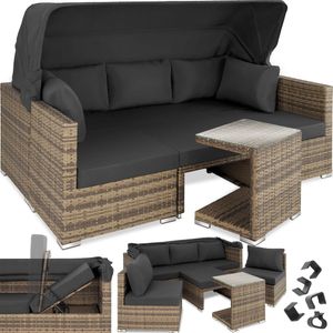 tectake® - Wicker zonneeiland zitgroep, loungemeubelset inclusief bank met zonnekap, kruk, fauteuils en tafel, tuinmeubilair, loungemeubel balkon en tuin, terrasmeubilair, weerbestendig - natuurkleur/beige