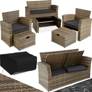 tectake® - wicker tuinzitgroep voor 4 personen met kruk, poly rotan tuinmeubelset met ingebouwde opbergbox in de bank - natuurkleur - incl. beschermhoes - poly-rattan