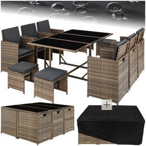 tectake® - Tuinset Malaga - Outdoor Balkon Tuinmeubelset - Loungeset met 6 stoelen, 4 krukken, 1 tafel en beschermhoes - Wicker vlechtwerk - Weerbestendig en Ruimtebesparend - Natuur