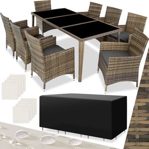 tectake® - Wicker tuinset - 8 stoelen, 1 tafel met glasplaten - Incl. beschermhoes en 2 sets kussenhoezen - Afm. tafel ca. 190x90x75 (LxBxH) - Natuur