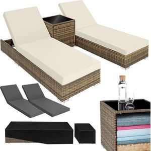 tectake® - 2 Luxe ligbedden - 3-Delige wicker ligbedden set met aluminium frame - Tuinmeubelset met 2 ligbedden - Inclusief bijzettafel, kussens en 2 hoezensets - 5-standen tuinstoel - Natuurkleur