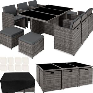 tectake Sitzgruppe Rattan Sitzgruppe, (Set, 12-tlg), Umklappbare Rückenlehne – Stühle passen unter den Tisch