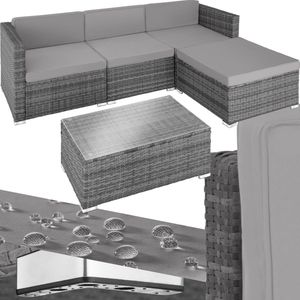 tectake® - wicker lounge inclusief zitkussens, rugkussens en glazen tafel, balkonmeubel, lounge tuinmeubelset voor terras, balkon of tuin - grijs - poly-rattan