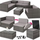 tectake® - wicker zitgroep met opbergbox voor kussens, tafel met glazen blad, vrij te groeperen tuinmeubelset, wicker lounge voor de tuin - balkonmeubel voor kleine balkons - grijs - poly-rattan