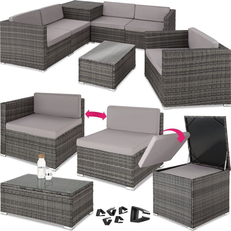 tectake® Rattan Lounge, für 5 Personen, Dicke der Polster 8 cm, inklusive großer Aufbewahrungsbox