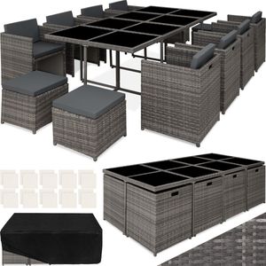 tectake® loungemeubelset - 8x stoelen, 4x krukken, 1x tafel - outdoor polyrotan tuinmeubels voor balkon, tuin en terras, met hoes en verwisselbare hoezen - grijs