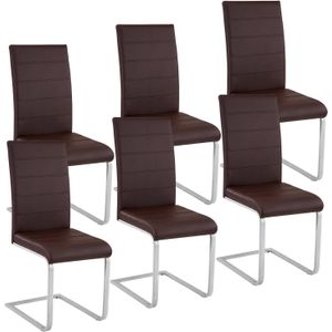 tectake® - Eetkamerstoel set van 6 - Kunstleren stoel met ergonomische rugleuning - Buisframe sledestoel - bruin