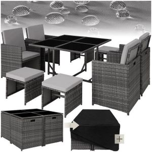 tectake® -wicker loungemeubelset zitgroep - 4x stoelen, 1x tafel, 4x krukken - weerbestendig en ruimtebesparend - inclusief beschermhoes - outdoor wicker tuinmeubelen voor balkon, tuin en terras - grijs - poly-rattan