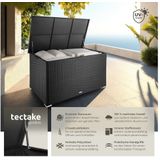 tectake® Aluminium wicker opbergbox - Outdoor kussenbox - Uitneembare binnenzak - Weerbestendig en afsluitbaar met deksel - Inclusief 2 handgrepen, deksel en gasveren - UV bestendig - Inhoud 750 l - Afmeting (LxBxH) 145 x 82,5 x 79,5 cm - Zwart