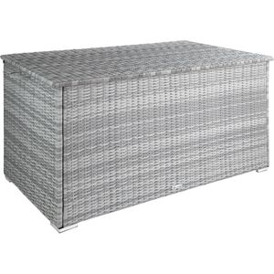 tectake® aluminium wicker opbergbox met deksel, 750L, tuinbox weerbestendig, tuinbox met gasdrukveren, tuinbox, UV-bestendig, roestvrij, opbergruimte, 145x82,5x79,5 cm - Lichtgrijs - poly-rattan