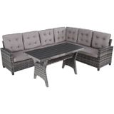 tectake® - Wicker zitgroep tuinbank, set met bank en eettafel, rotan hoekbank buitenlounge, zithoek weerbestendig als tuinlounge, balkonmeubel, wintertuin, terras - grijs - poly-rattan