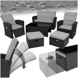 tectake® Wicker zitgroep - Balkonlounge voor 6 personen - 2 fauteuils, 2 krukken, 1 bank en 1 tafel met glazen blad - Tuinmeubelset - Balkonmeubel - Weerbestendig loungemeubel - Afmeting bank (LxBxH) 127 x 69 x 86 cm - Zwart