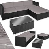 tectake® - Wicker Lounge Set Inclusief Zit- en Rugkussens, Glazen Tafel - Balkonmeubels en Lounge Tuinmeubelset voor Terras, Balkon of Tuin - div kleuren (zwart/grijs)