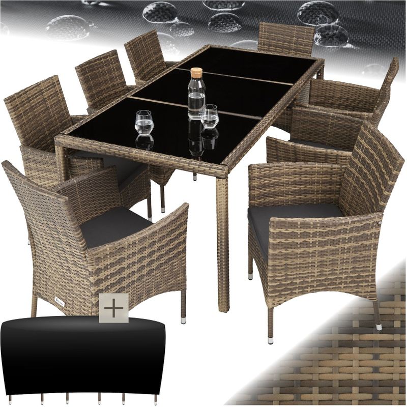 tectake® Rattan Sitzgruppe, für 8 Personen, UV-beständig, inklusive Schutzhülle