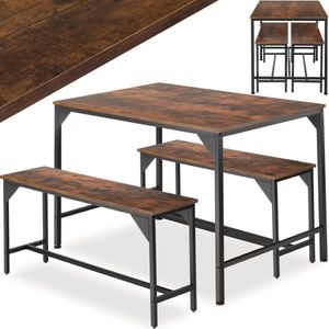 tectake® – Bolton robuuste zitgroep - eetkamerset – tafel met banken - industrieel - donkere houtkleur/rustiek eiken - 404340
