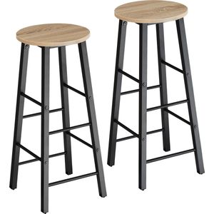 tectake® Barkruk - Ronde Bistrokruk - Vintage barstoelen met voetsteun - Zitting van MDF-hout - Industrieel design - Zwart metalen frame - Draagkracht kruk 120 kg - Afmeting (LxBxH) 31 x 31 x 72,5 cm - Set van 2 - Lichtbruin