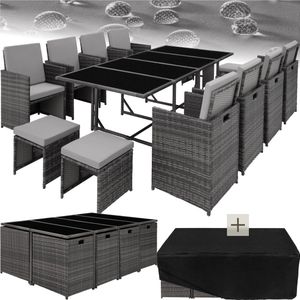 tectake® Rattan Sitzgruppe, für 8 bis 12 Personen, UV-beständig, zusammenschiebbar, inklusive Schutzhülle