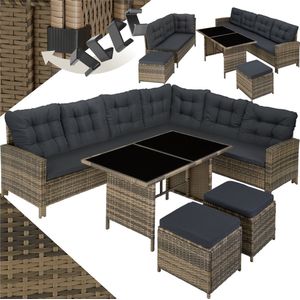 tectake® - wicker loungeset, tuinmeubelset met bank, kruk + tafel, balkonmeubel buiten, 5-delige zitgroep, inclusief zit- en rugkussens, ideaal voor tuin, terras, balkon - natuur met donkergrijze kussens