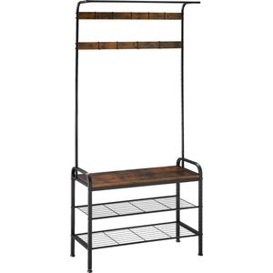 tectake® Kapstok met houten zitting - Kapstok met 9 haken - Inclusief schoenenrek met 2 roosterplanken - Industrieel design - Zwart metalen frame - Afmeting (LxBxH) 85,5 x 36 x 184 cm - Donkerbruin