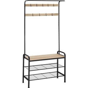 tectake® Kapstok met houten zitting - Kapstok met 9 haken - Inclusief schoenenrek met 2 roosterplanken - Industrieel design - Zwart metalen frame - Afmeting (LxBxH) 85,5 x 36 x 184 cm - Lichtbruin