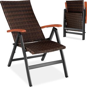 tectake® aluminium wicker tuinstoel - opklapbare fauteuil met 6-voudig verstelbare rugleuning - weerbestendig - campingstoel met houten armleuningen - stoel voor tuin - balkon - terras - bruin