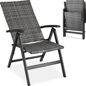 tectake® - Aluminium wicker tuinstoel - Opklapbare fauteuil met 6-voudig verstelbare rugleuning - Weerbestendig - Campingstoel met houten armleuningen - Stoel voor tuin, balkon of terras - grijs