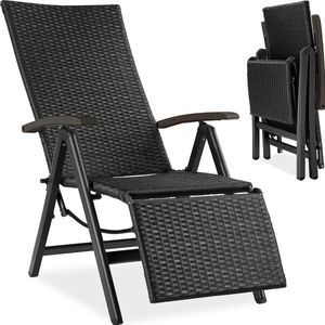 tectake® - Wicker relaxstoel Tuinstoel - inklapbaaren, verstelbaar, met voetensteun - verschillende kleuren - zwart - 404575
