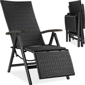 Wicker tuinstoel opklapbaar met aluminium frame en voetsteun - zwart
