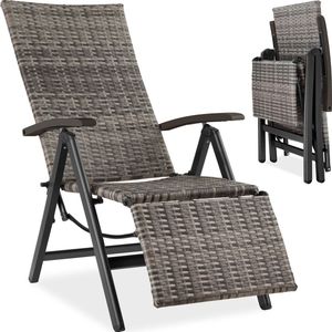 tectake® - Wicker relaxstoel tuinstoel met armleuningen - Inklapbaar, verstelbaar in 6 standen tot ligstand - Voetensteun - Weerbestendig - grijs