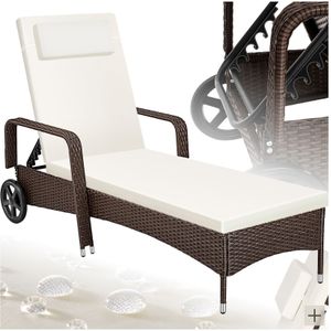 tectake® - Wicker ligbed met compact rubberen wielen en armleuningen - Rugleuning verstelbaar in 6 standen - Incl. lig- en hoofdkussen - Weerbestendig zonnebed - bruin