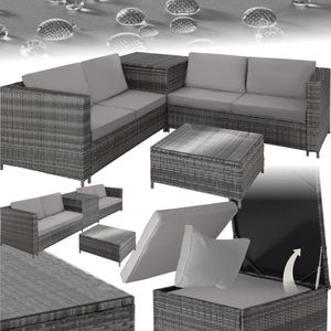 tectake Wicker Zitgroep - Tuinmeubelset - Grijs - 2 Banken met Kussens - Tafel met Glasblad - Inclusief Opbergdoos