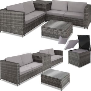 tectake® - wicker zitgroep loungeset voor 4 personen, balkonset met zitkussens, opbergbox buiten en buitensalontafel met glazen blad, balkonmeubel – Siena - grijs - poly-rattan