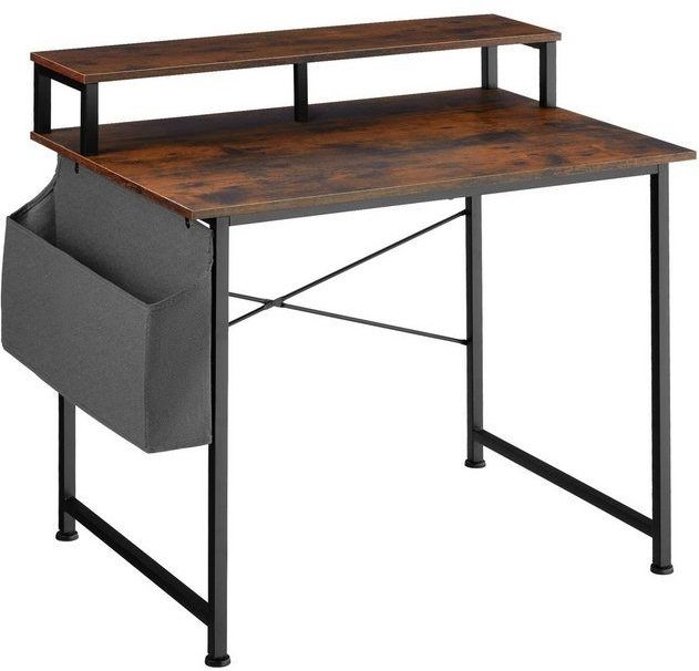 tectake® Bureau met Opbergtas en Monitorstandaard - Computerbureau - Houten Bureaublad - Industrieel Design - Zwart Metalen Frame - Donkerbruin
