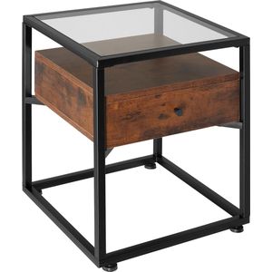 tectake® Nachtkastje met glazen blad - 43 x 45 x 54,5 cm - bijzettafel in industrieel design - glazen tafel met open plank en lade - hout - zwart metalen frame (industrieel donkerbruin)