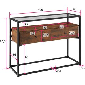 tectake® Konsolentisch, Industrial Style, Platte aus Sicherheitsglas, 2 große Schubladen, 101,5 x 41,5 x 80,5 cm