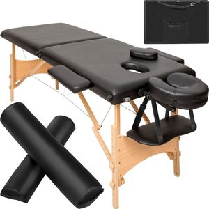 tectake® - 2 zones massagetafel-set met 5cm matras, rolkussens en houten frame - incl. draagtas - zwart - behandeltafel – behandelbank – incl. opbergtas – opvouwbaar