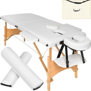 tectake® - 2 zones massagetafel behandeltafel - set met 5cm matras, rolkussens en houten frame - incl. draagtas - wit - 404746