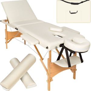 tectake® - 3 zones massagetafel-set Daniel met 3cm matras, rolkussens en houten frame + tas - beige - 404747